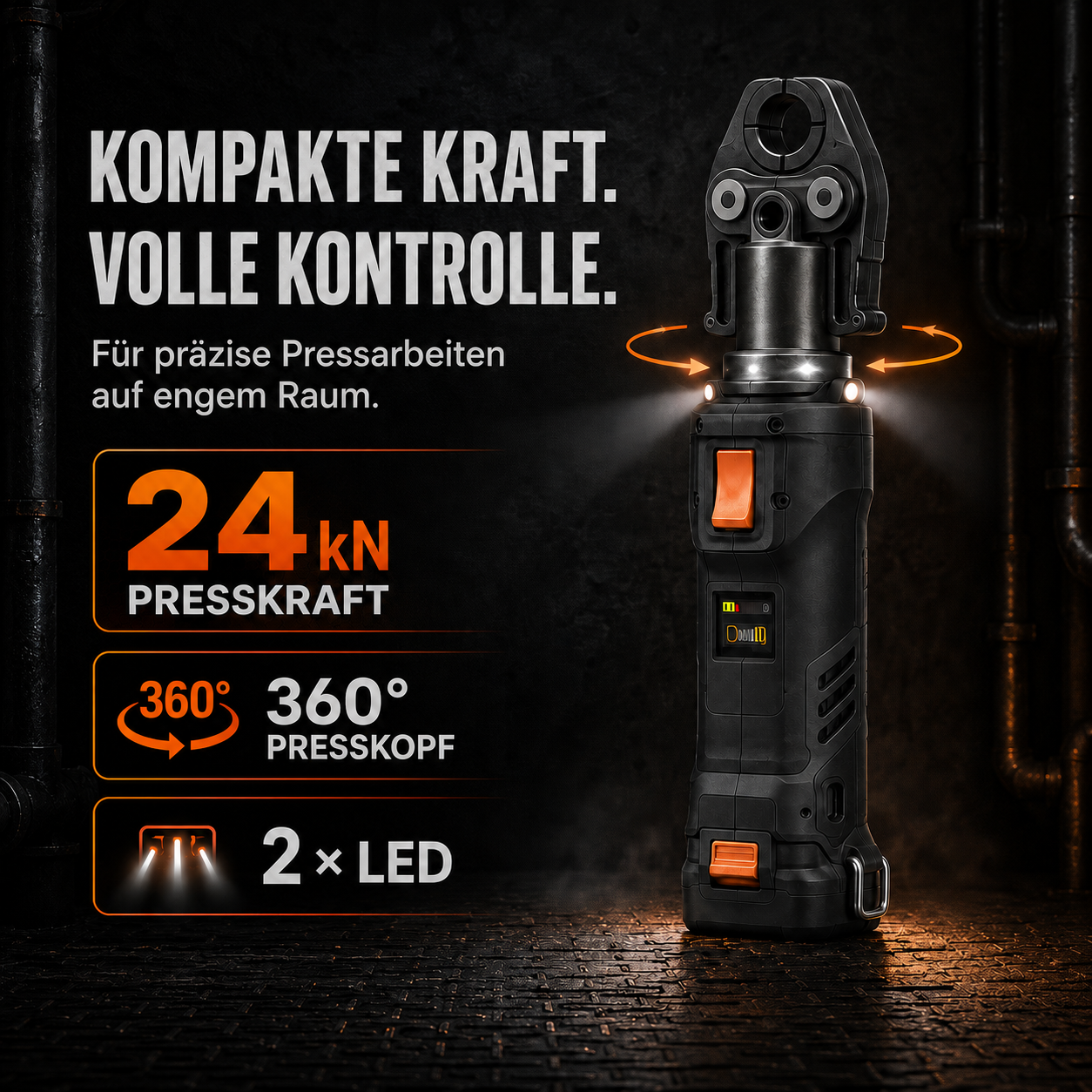 Akku-Pressmaschine PX24-C mit 24 kN Presskraft, 360°-Presskopf, Doppel-LED und intelligenter Presskontrolle